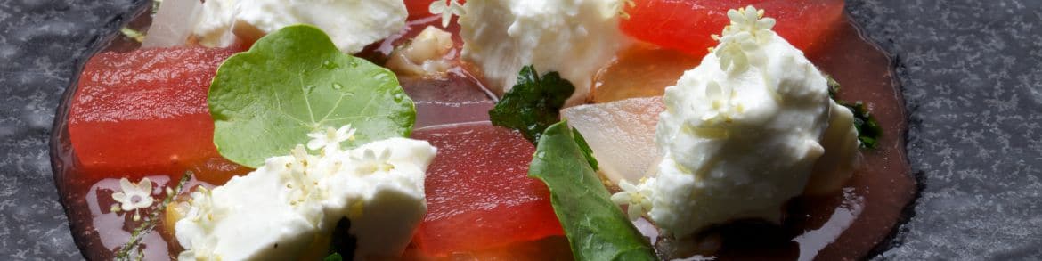 VHC-FW-Tani_Watermelon, pickled rind, elderflower, goats fetta 4-1 Tania Eat Drink