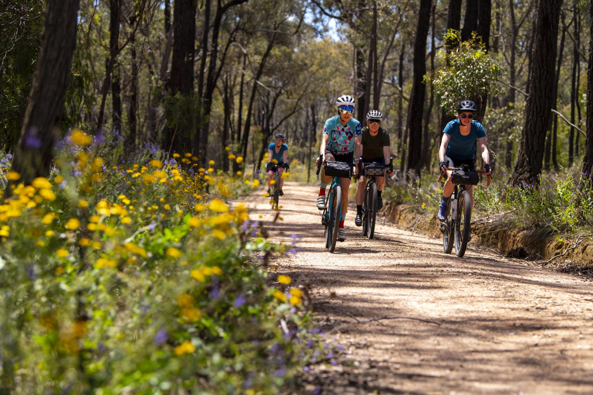 Women gravel cycling in the Chiltern-Mt Pilot National Park, with wildflowers