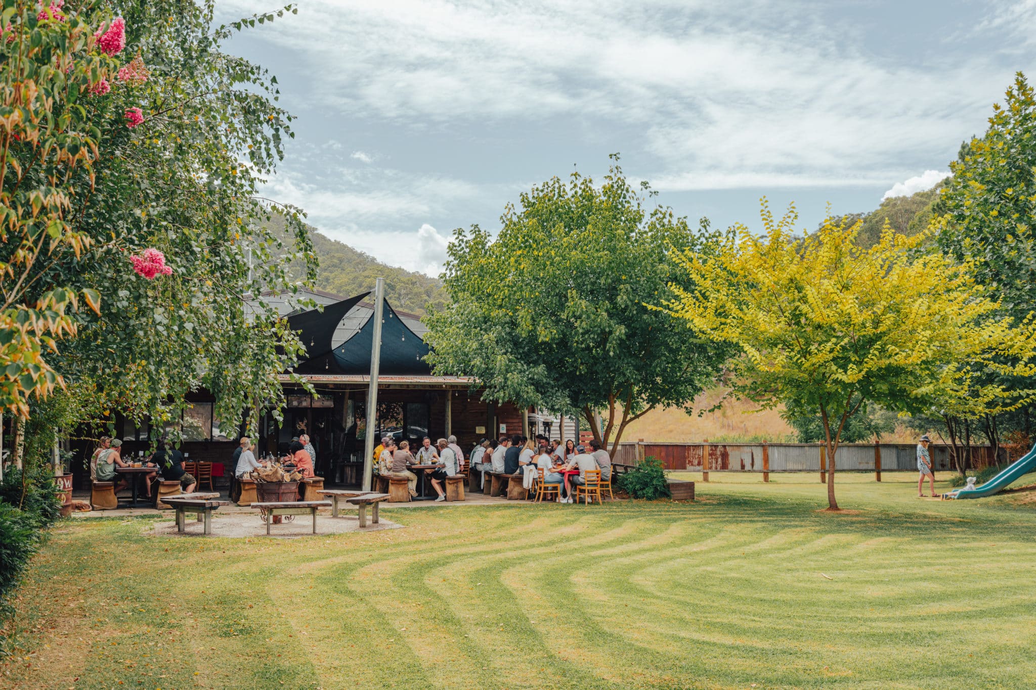 A leafy courtyard at Mitta Mitta Brewing Co.