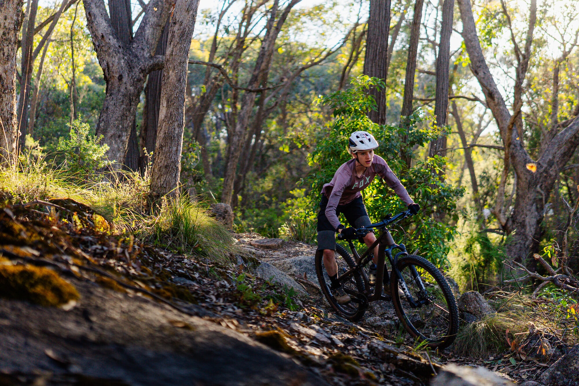 Mountain Bike cyclist riding through Australian native forest over granite rocks.