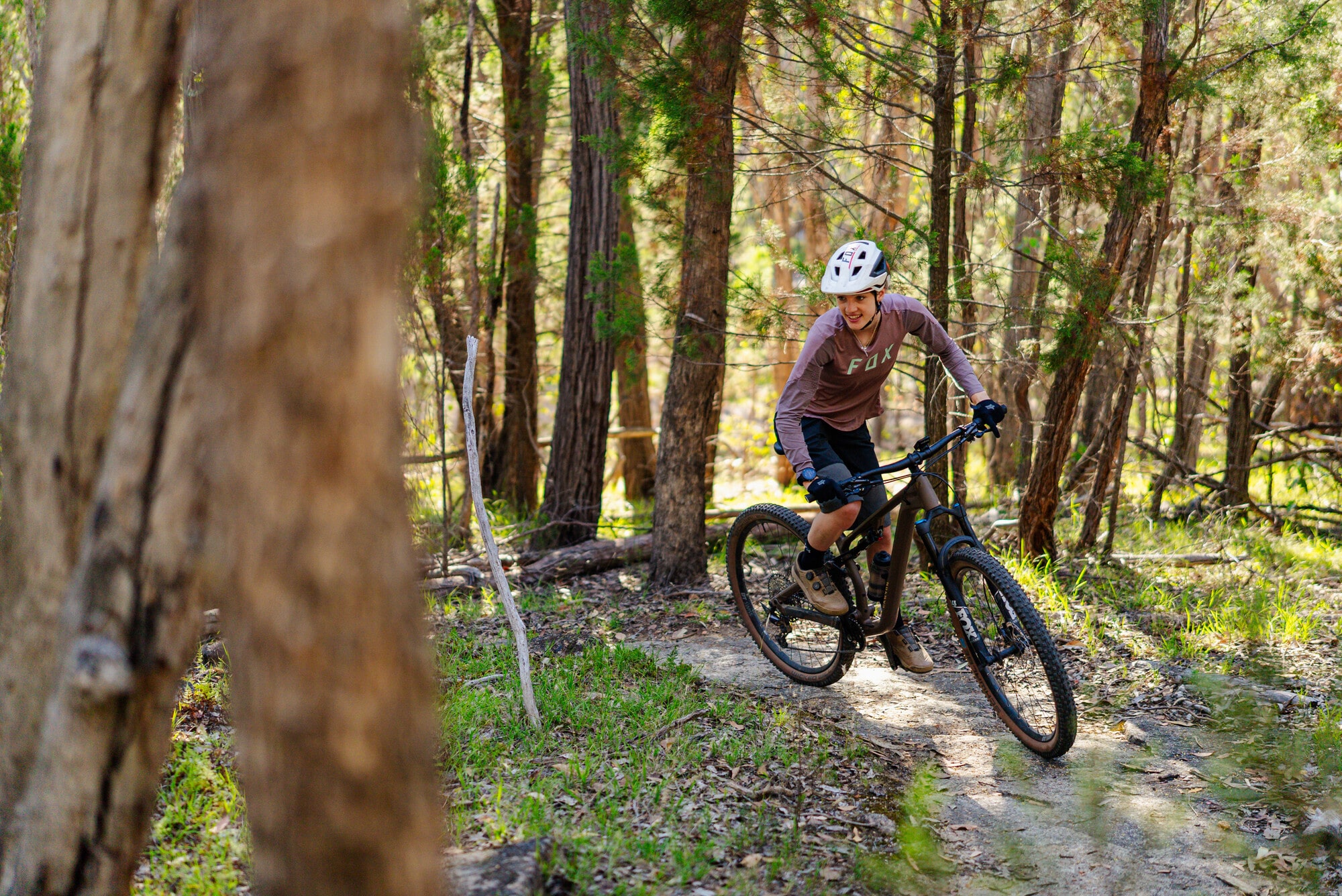 Mountain Bike cyclist riding through Australian native forest on a single track trail.