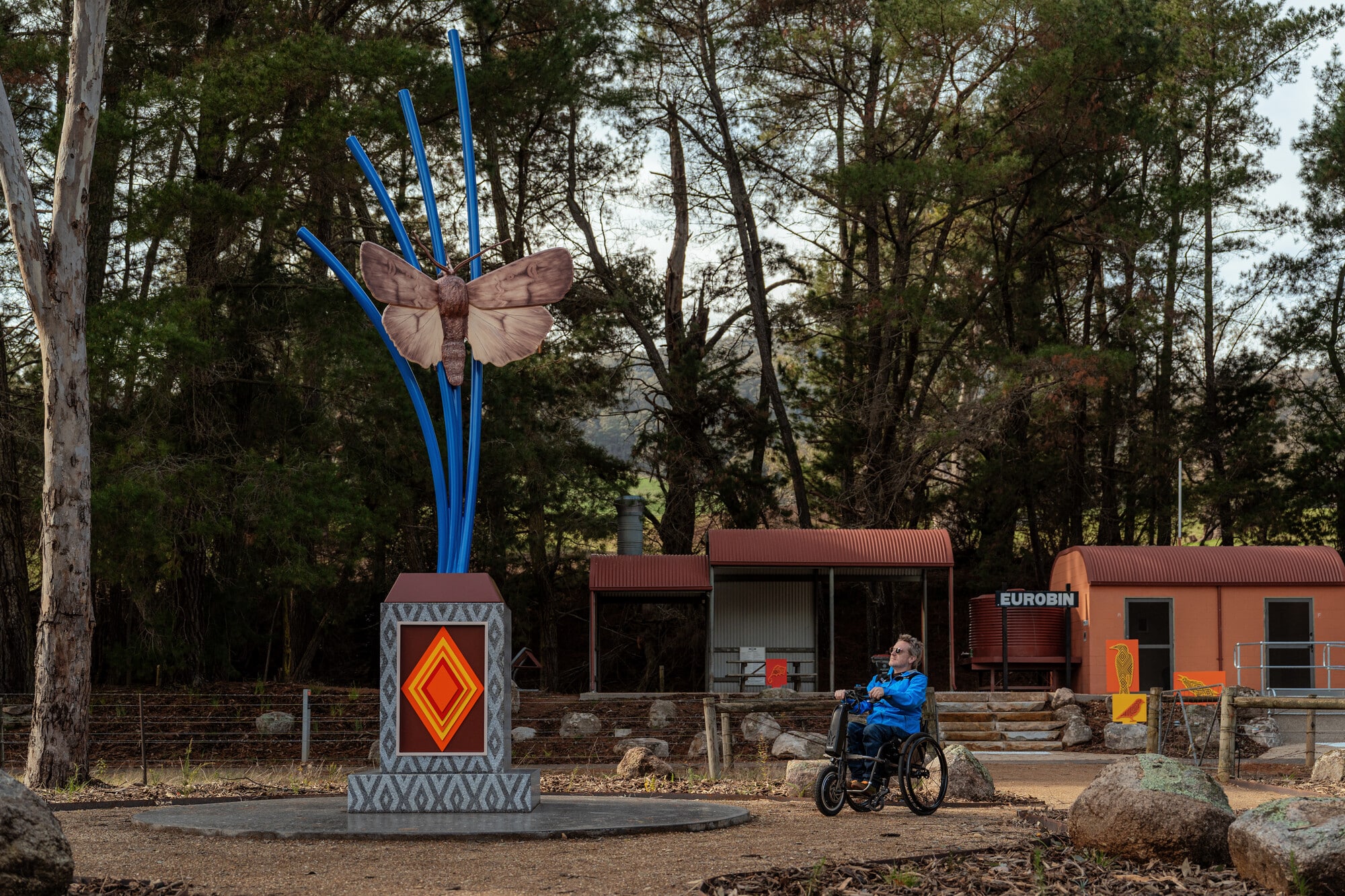 A man in a wheelchair sits next to a large blue and brown moth sculpture in a clearing with trees. A long brown structure behind him reads 'Eurobin'.