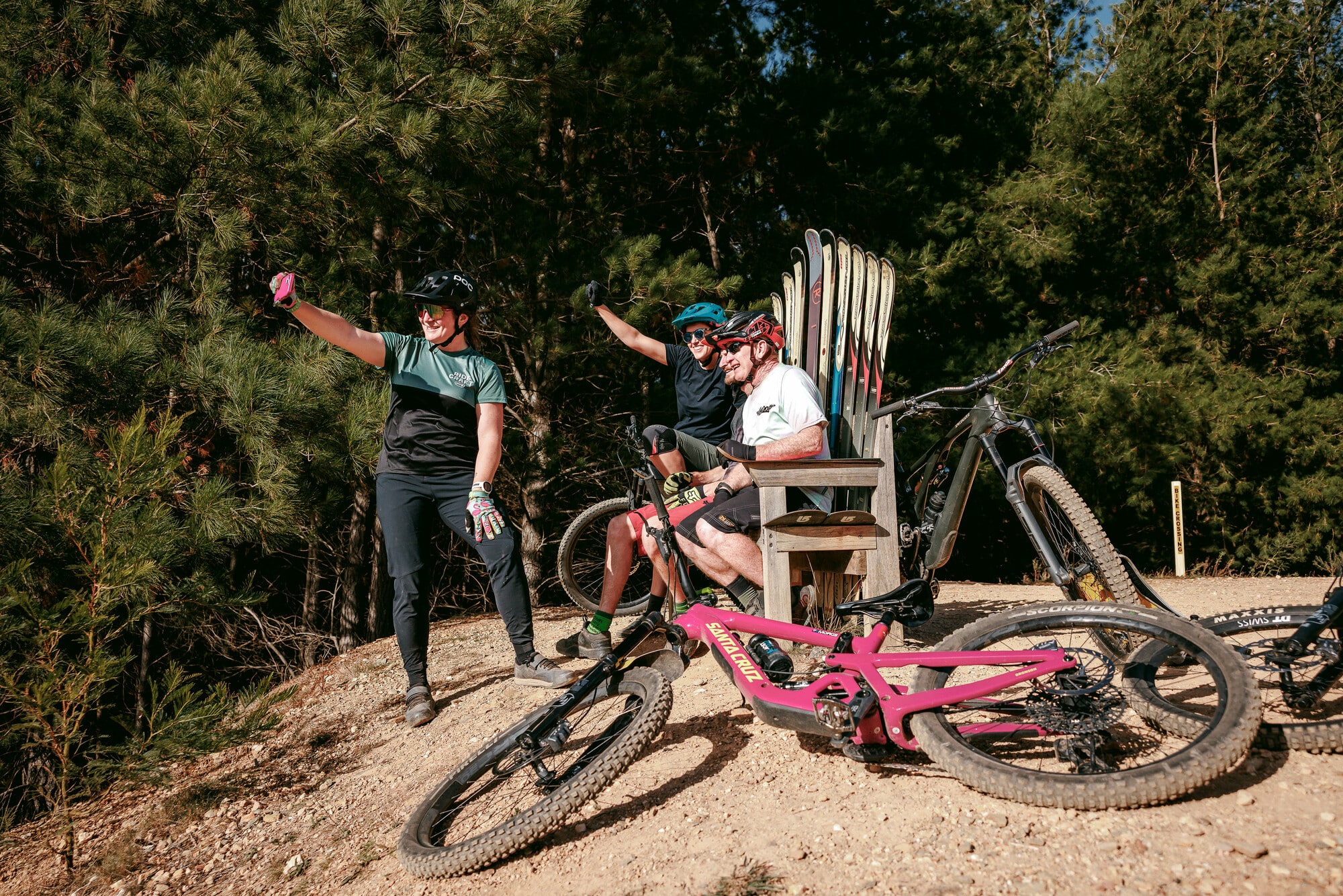 Group cycling at Mystic Bike Park on mountain bikes on a RideCraft guided ride