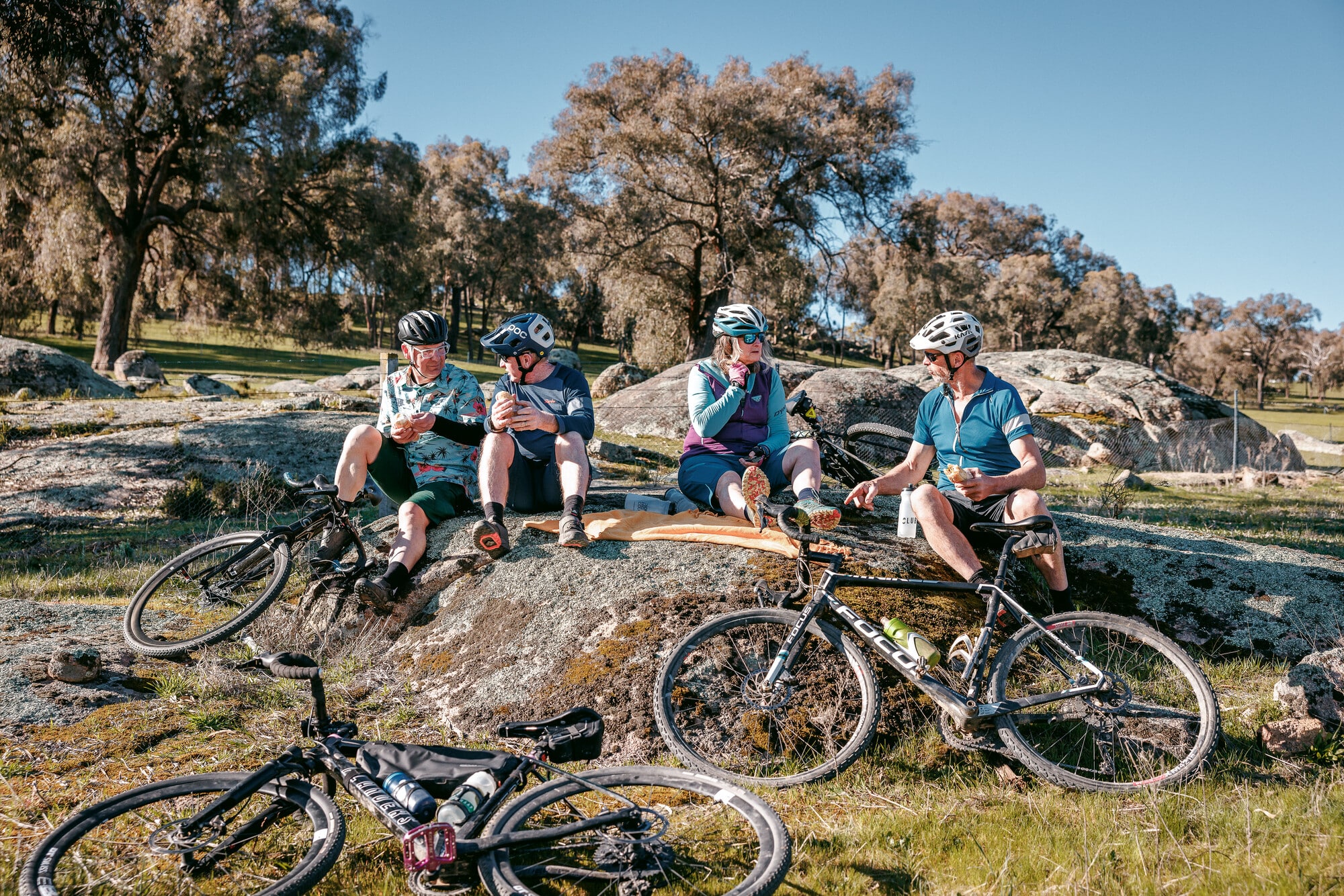 Group of cyclists picnicking on the Wangaratta - Eldorado Loop gravel route.