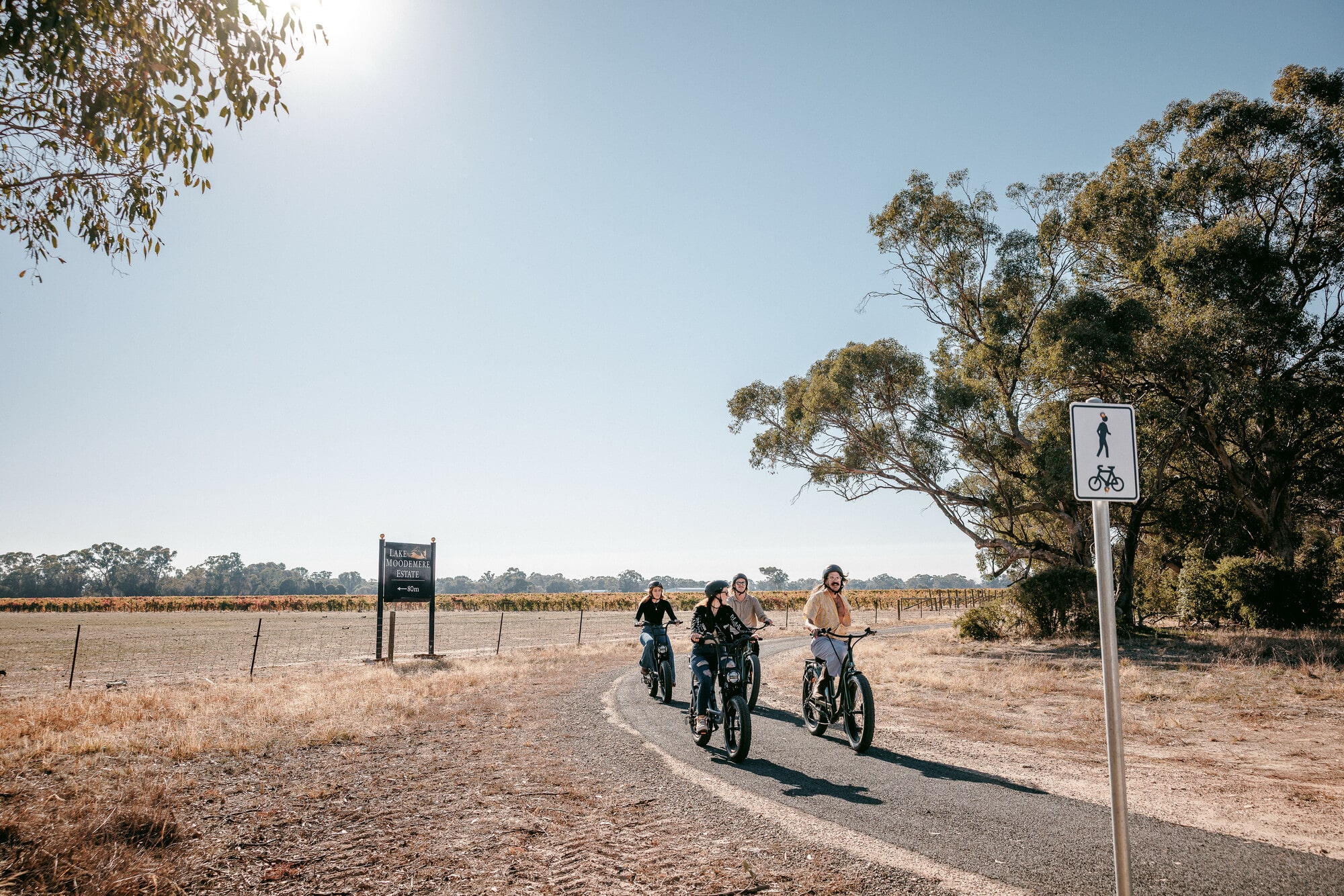 Group of cyclists riding on the Rutherglen Loops trail past farmland with a blue sky behind them.