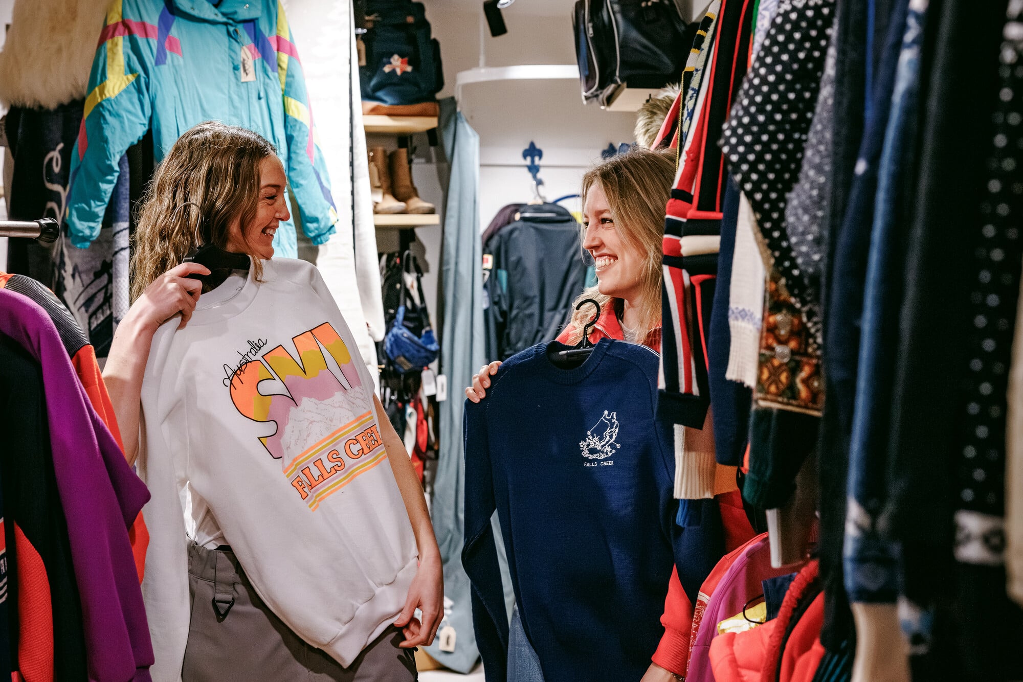 Group of people shopping for vintage snow outfits at Falls Creek Alpine Resort at I Dream of Snow.
