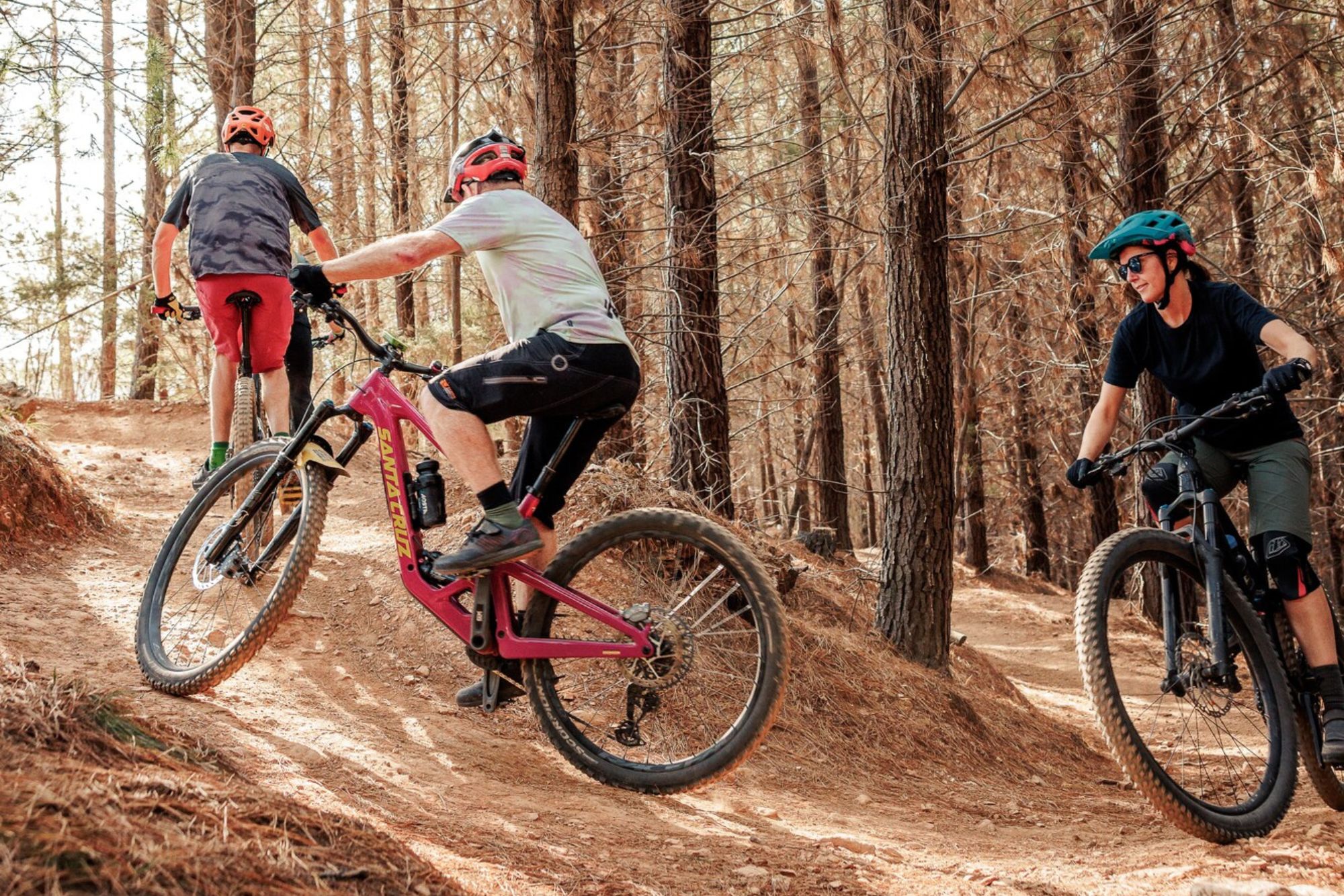 Group cycling at Mystic Bike Park on mountain bikes on a RideCraft guided ride